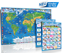 Bild zu Kinder 3er Pack – XXXL/1,95 Meter Panorama Kinder Weltkarte + 2 Poster (das ABC + Zahlen lernen) für 9,97€ (zzgl. 3,90€ Versand)