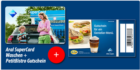 Bild zu Dailydeal: 2 x Aral SuperCard Waschen (2 x 15€) + 2 Gutscheine für das Petit Bistro (Wert ca. 10-12€) für 27,99€ anstatt über 40€