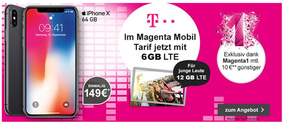 Bild zu [für junge Leute mit Telekom DSL] iPhone X 64GB (einmalig 149€) im Telekom Magenta L Young (12GB LTE, StreamOn, EU Flat, Sprachflat usw.) für 49,95€/Monat