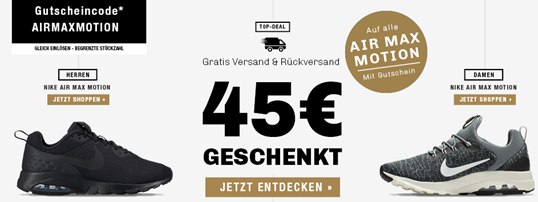 Bild zu My-Sportswear: 45€ Rabatt auf alle NIKE AIR MAX Motion + gratis Versand & Rückversand