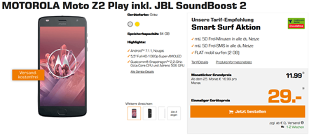 Bild zu MOTOROLA Moto Z2 Play inkl. JBL SoundBoost 2 inkl. Tarif für 356,75€ Gesamtkosten (Vergleich nur Hardware = 437,90€)