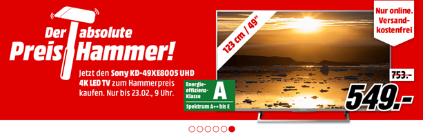 Bild zu MediaMarkt “Preishammer”: SONY KD-49XE8005 LED TV (Flat, 49 Zoll, UHD 4K, SMART TV, Android TV) für 549€ inkl. Versand (Vergleich: 720€)