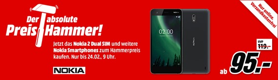 Bild zu MediaMarkt “Preishammer”: Smartphones von Nokia, z.B. NOKIA 2 DUAL SIM BLACK für 95€ inkl. Versand