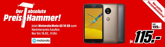 Bild zu MediaMarkt “Preishammer”: MOTOROLA Moto G5 16 GB Dual SIM LUNAR GREY für 115€ inkl. Versand (Vergleich: 128,61€)