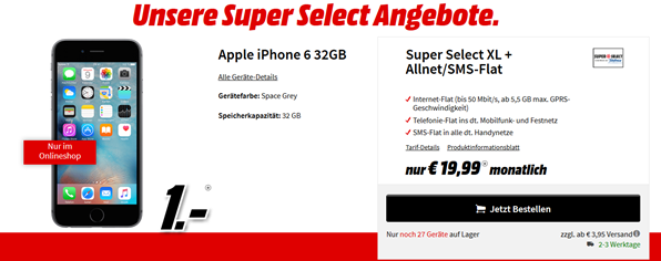 Bild zu iPhone 6 (1€) mit 5,5GB LTE Datenflat, SMS und Sprachflat im o2 Netz für 19,99€ im Monat