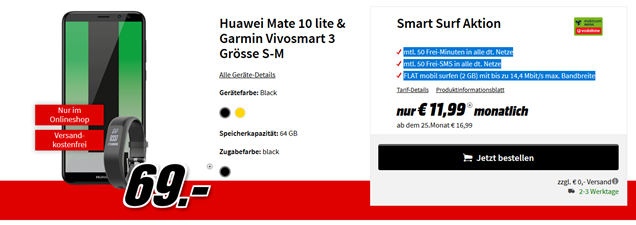 Bild zu Huawei Mate 10 lite & Garmin Vivosmart 3 für 69€ (ohne Band = einmalig 4,99€) im Vodafone Smart Surf (2GB Daten, 50 Minuten & 50 SMS) für 11,99€/Monat