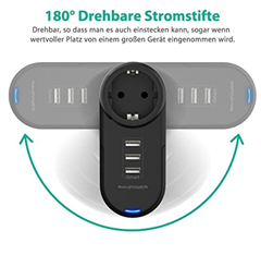 Bild zu RAVPower Steckdose mit 3 USB Anschlüssen (gesamt 3,4A ) + 180° drehbar für 11,99€