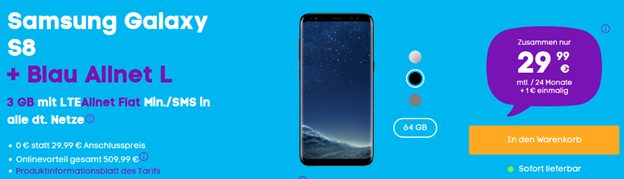 Bild zu Blau.de Allnet Flat (3GB LTE Daten + Allnet Flat + SMS Flat) inkl. Samsung S8 (einmalig 1€) für 29,99€/Monat oder mit 4GB für 31,99€/Monat