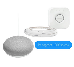 Bild zu Philips Hue LightStrip Plus Starter Set mit Google Home Mini für 99€ (+ weitere Sets im Angebot)