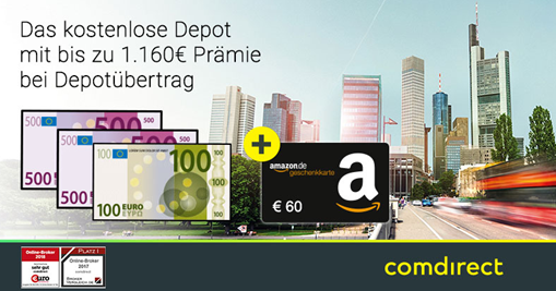 Bild zu 60€ Amazon.de*-Gutschein für kostenloses comdirect Depot + bis zu 1.100€ Bonus bei Depotübertrag (schufafrei)