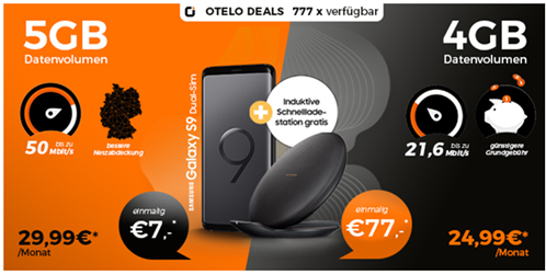 Bild zu Samsung S9 inkl. Ladestation für 7€ mit Otelo Allnet Flat, SMS Flat und 5GB LTE Datenflat im Vodafone-Netz für 29,99€/Monat