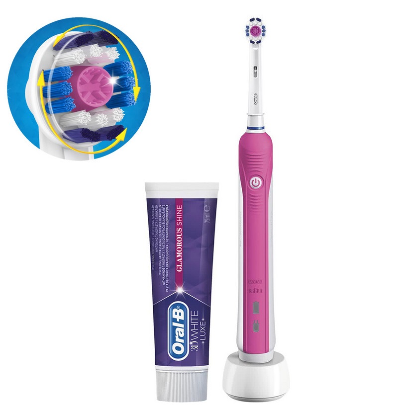 Bild zu Elektrische Zahnbürste Oral-B Pro 750 Pink + 3D White Zahnpasta im Doppelpack für 49,95€ (Vergleich: 57,04€)