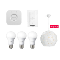 Bild zu Philips Hue white starter E27 (inkl. Bridge, 3 Lampen + Dimmschalter) + gratis Philips myLiving Corkwood Pendelleuchte für 89,95€