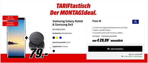 Bild zu Samsung Galaxy Note 8 inkl. Samsung Dex (einmalig 79€) + o2 Free M (10GB Datenvolumen, Allnet- und SMS-Flat) für 29,99€/Monat