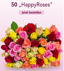 Bild zu Blume Ideal: Blumenstrauß “Happy Roses” mit 50 bunten Rosen für 24,99€