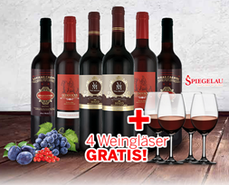 Bild zu ebrosia: Robert Parker Probierpaket mit 6 Flaschen Rotwein und 4 Spiegelau Weingläsern für 54,85€