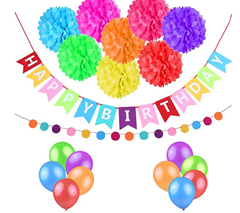 Bild zu Geburtstag Set bestehend aus einem 3m langen Happy Birthday Banner (aus Vlies), einer Girlande, 10 Luftballons sowie 8 Pompoms für 7,79€