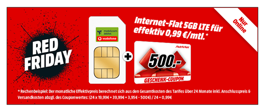 Bild zu MediaMarkt: 5GB LTE Vodafone Datenflat oder 4GB LTE Telekom Datenflat für 19,99€ inkl. 500€ MediaMarkt Gutschein (effektiv 99 Cent pro Monat)