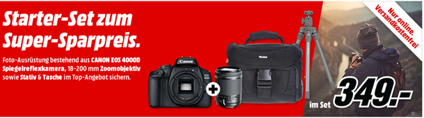 Bild zu [Knaller – letzte Chance] CANON EOS 4000D Body Spiegelreflexkamera (18 Megapixel, Full HD, HD, WLAN) + Zoomobjektiv + Tasche + Stativ für 299€ (Vergleich: 500,09€)