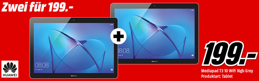 Bild zu Doppelpack 2x HUAWEI MediaPad T3 10 WiFi 16 GB 9.6 Zoll Tablet für 199€ inkl. Versand (Vergleich: 250€)