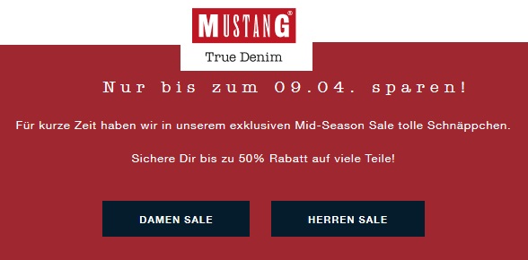 Bild zu Mustang: Mid-Season Sale mit bis zu 50% Rabatt + 10% Extra-Rabatt