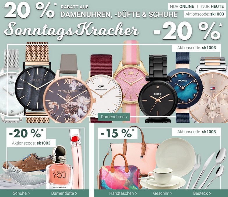 Bild zu Karstadt SonntagsKracher, z.B. 20% Rabatt auf Damenuhren, -düfte und -schuhe