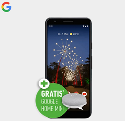 Bild zu Google Pixel 3a inkl. gratis Google Home Mini mit Blau-Vertrag (5GB LTE, SMS und Sprachflat) für einmalig 49€ sowie 19,99€ im Monat