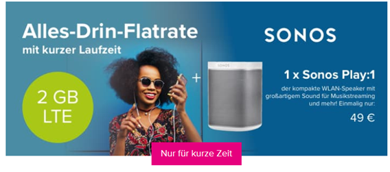 Bild zu [Knaller] Sonos Play 1 für 49€ (Vergleich: 164,50€) mit o2 Tarif (6 Monate Mindestlaufzeit) mit 2GB LTE, SMS und Sprachflat für 9,99€/Monat (118,93€ Gesamtkosten für Play1 und Tarif)