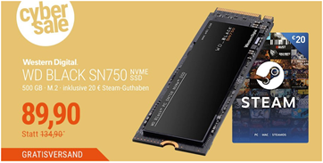 Bild zu WD Black SN750 NVMe M.2 SSD 500GB + 20€ Steam Guthaben für 89,90€ (Vergleich: 110,90€)