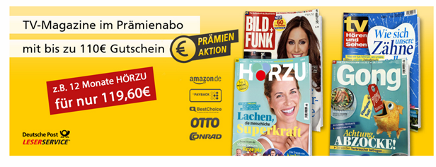 Bild zu Deutsche Post Leserservice: TV Zeitschriften mit bis zu 110€ Prämie, so z.B. Gong für 114,60€ inkl. 110€ Prämie