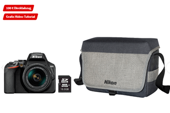 Bild zu NIKON D3500 Spiegelreflexkamera, 24.2 Millionen Pixel, 18-55 mm Objektiv, Schwarz + Kameratasche ab 299€ (VG: 408,86€)