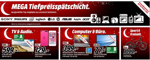 Bild zu Mega Tiefpreisspätschicht bei MediaMarkt mit Angeboten von Apple, Sony, Philips und Co.