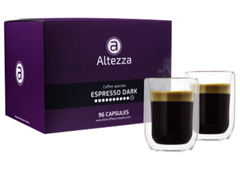 Bild zu Altezza Kapseln Espresso Dark Roast für Nespresso (96 Kapseln) + 2 doppelwandige Kaffeegläser (260 ML) für 19,99€