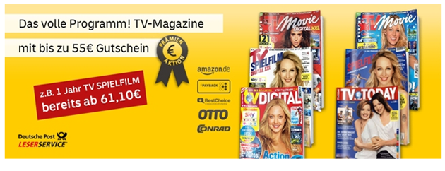 Bild zu Leserservice Deutsche Post: TV-Zeitschriften stark vergünstigt, so z.B. Jahresabo der TV Spielfilm für 56,10€ mit einer 55€ Prämie