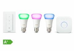 Bild zu Philips Hue White & Color Ambiance, Starter Set E27 (3 x E27 Lampe + Bridge & Dimmschalter) für 99,99€ (VG: 139,48€)