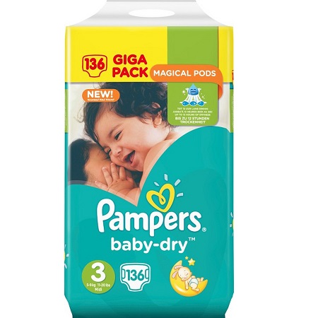 Bild zu 136 Stück Pampers Baby Dry Midi (Größe 3) für 21,90€ (Vergleich: 27,94€)