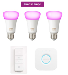 Bild zu Philips Hue White & Color Ambiance E27 Bluetooth Starter Kit (3 x Lampe, Dimmer + Bridge) für 119,95€