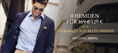 Bild zu Charles Tyrwhitt: 4 Hemden für 129€ (statt 169€) oder 25% Rabatt auf alles andere