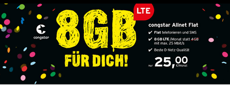 Bild zu 8GB LTE Datenflat, SMS und Sprachflat im Telekom-Netz für 25€ plus Zugaben ab 4,95€