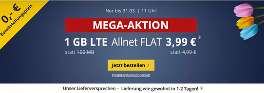 Bild zu [bis Di. 11 Uhr] 1GB LTE Datenflat und SMS- und Allnet Flat im o2 Netz für 3,99€ – keine Anschlussgebühr & monatlich kündbar