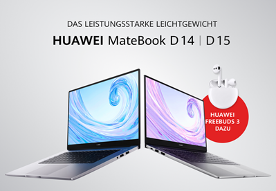 Bild zu [nur noch heute] HUAWEI Matebook D14 für 699€ (VG: 699) oder D15 für 649€ (VG: 649€) + gratis Freebuds 3 (VG: 137,33€)