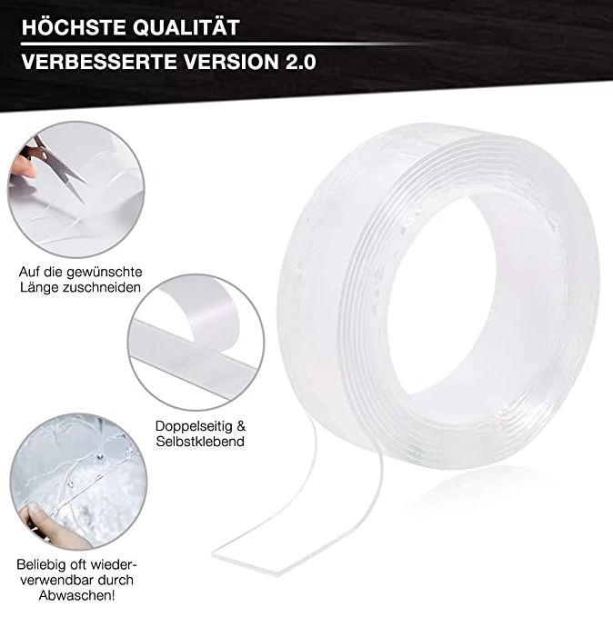 Bild zu doppelseitige Klebeband (2mm dick, 3 cm breit, 3m lang, transparent, waschbar, wiederverwendbar) ab 3,99€