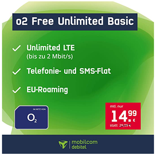 Bild zu [Super] o2 Free Unlimited Basic (unbegrenzt LTE mit 2Mbit/s, Telefon und SMS Flat) für 14,99€ im Monat