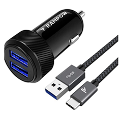 Bild zu RAMPOW Kfz Ladegerät (24 W 4,8A 2-Port) inkl. 1m Nylon USB Type C Kabel für 8,99€