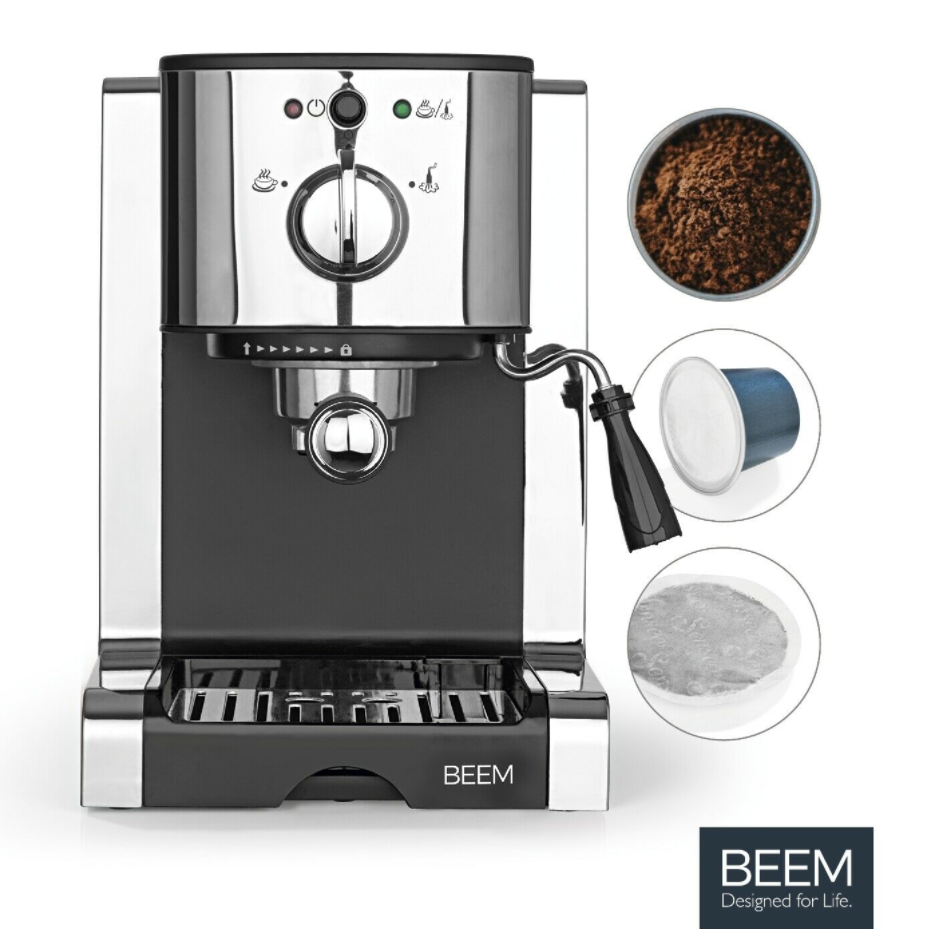 Bild zu BEEM Espresso-Siebträgermaschine 20 bar mit Milchschaumdüse + Kaffeekapsel Einsatz für 112,49€ (VG: 126,71€)