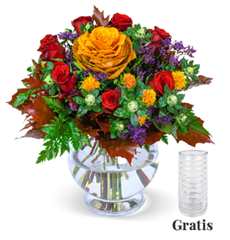 Bild zu Blume Ideal: Blumenstrauß Herbstwiese (Zierkohl, Rote Rosen, Carthamus, Statice, Chico, Lederfarn, Pistacia) + gratis Vase für 23,43€