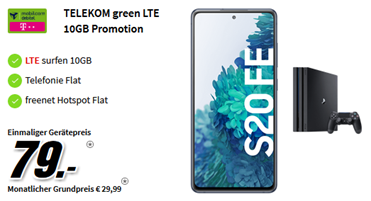 Bild zu Samsung Galaxy S20 FE inkl. Playstation 4 Pro für 79€ mit 10GB LTE Datenflat und Sprachflat im Telekom Netz für 29,99€/Monat