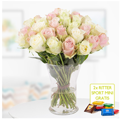 Bild zu Rosa-weißer Rosenstrauß mit 30 Rosen (40cm) + 2 gratis Mini Schokis für 22,90€ inklusive Versand