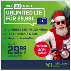 Bild zu [endet um 20 Uhr] Allnet Flat, SMS Flat und unbegrenze Datenflat (bis 225 Mbit) im o2 Netz für 29,99€/Monat – monatlich kündbar