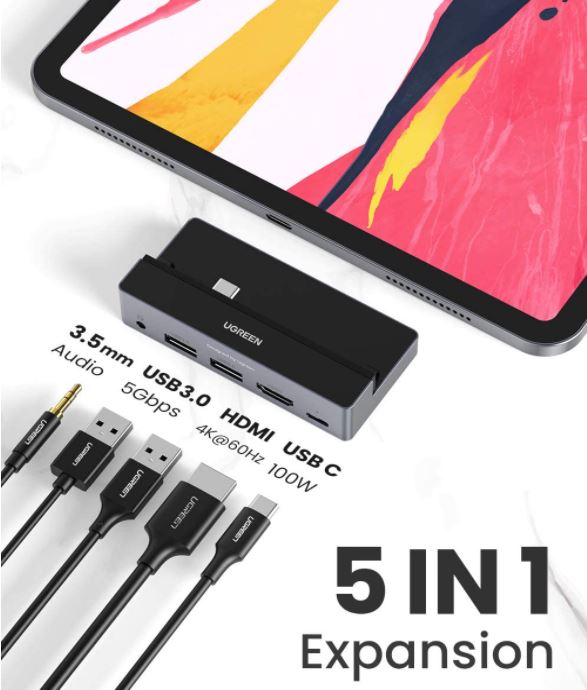 Bild zu UGREEN USB-C Hub kompatibel mit iPad Pro (mit USB 3.0, 3.5mm Audio, Power Delivery, 4K@60Hz HDMI) für 29,99€